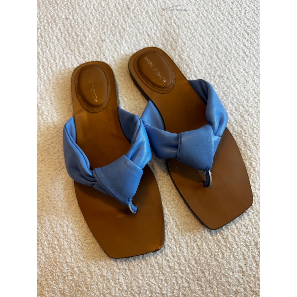 Marc Fisher Blue Leather Knotted Puffy Square Toe Thong Sandals Size 8M